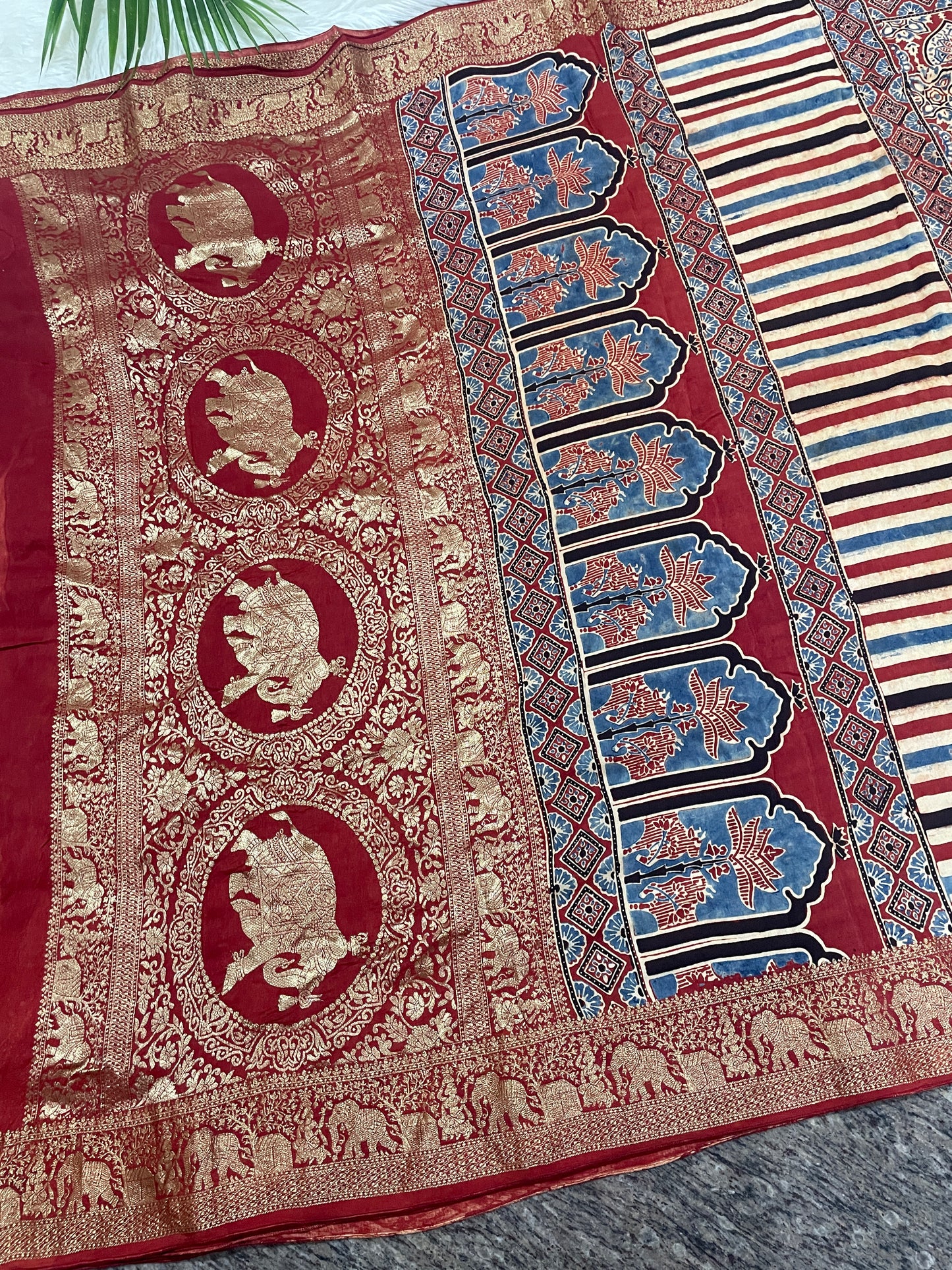 Red Ajrakh Badam Butta Dola Silk Saree