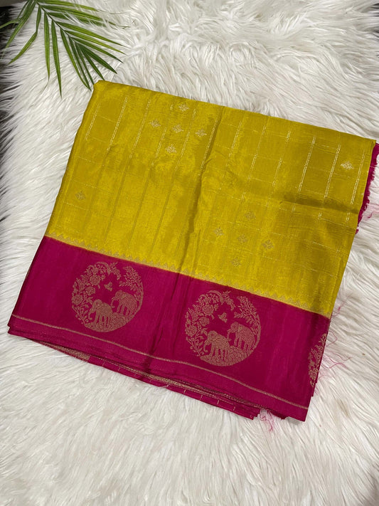 Mango Yellow and Red Semi Silk Saree