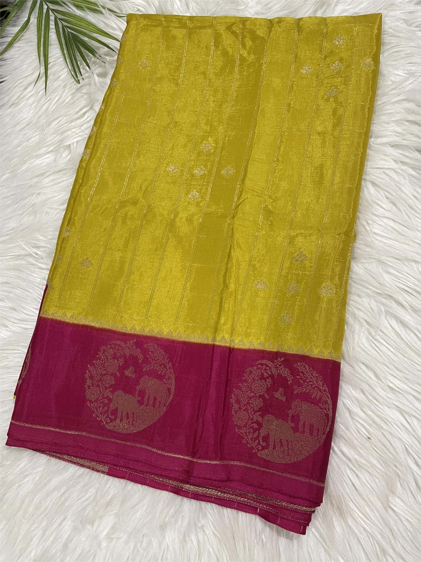 Mango Yellow and Red Semi Silk Saree