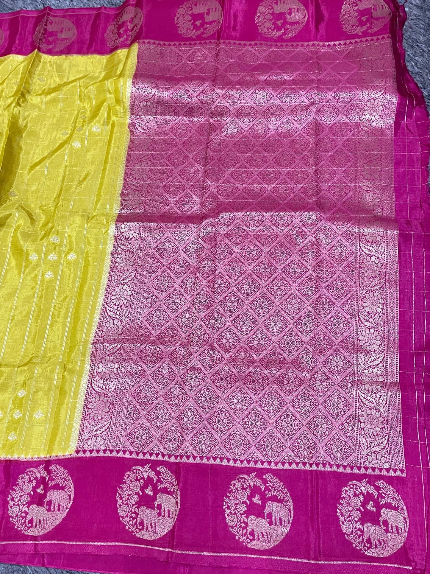 Mango Yellow and Red Semi Silk Saree